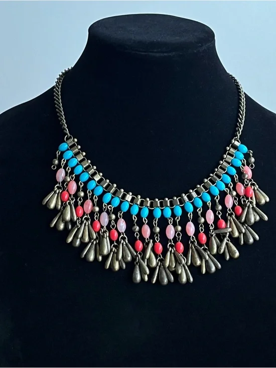 Antique-style brass beaded statement necklace with boho-style dangling charms - Picture 5 of 8